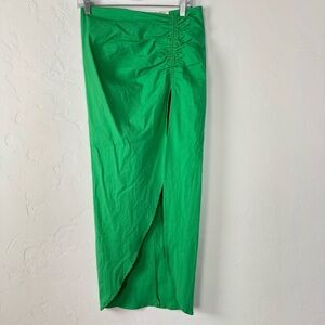 Entro Skirt Maxi Solid Kelly Green Cinched Ruched Slit‎ Side Open Cotton Pull On